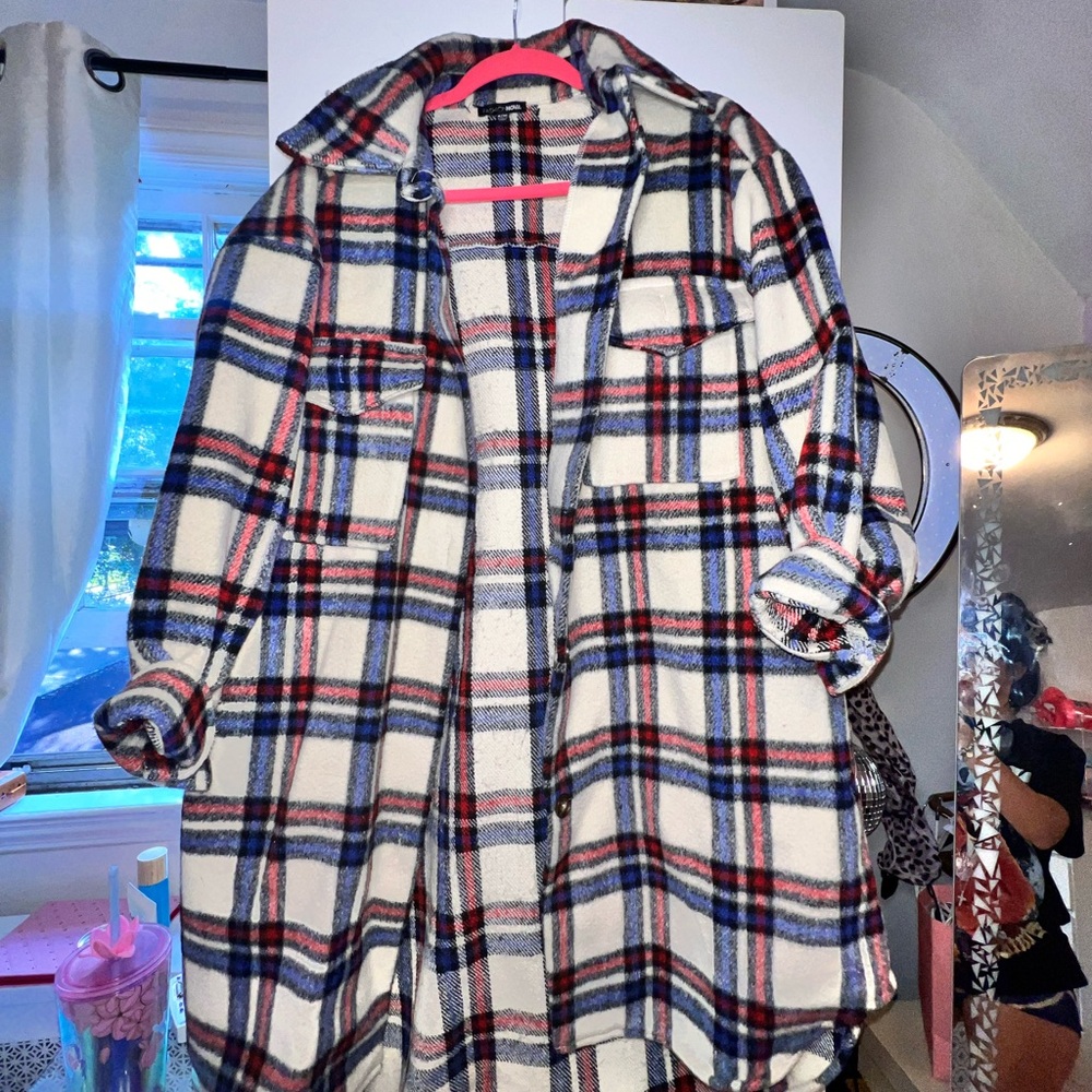 Fashion Nova Checkered Shirt Jacket in Red, Blue, and White